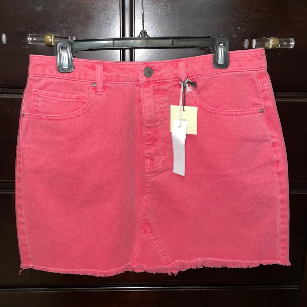 Francesca’s “tgla” pink denim mini skirt. W-M